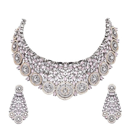 Rhodium-Plated Silver American Diamond Choker Necklace with Earrings Jewellery Set with Girls and Women - Rajputtrade