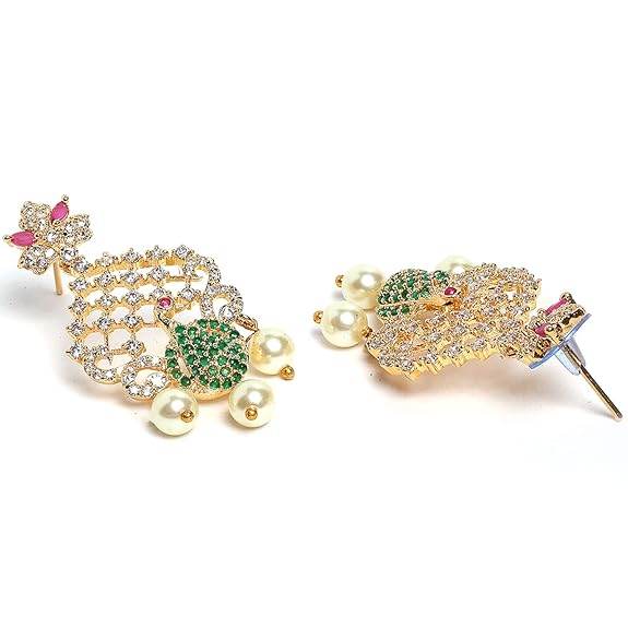 Gold Plated White & Red American Diamond Studded With Drop Pearl Beaded Jewellery Set For Women & Girl - Rajputtrade