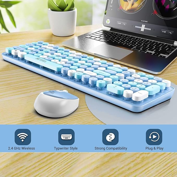 Ant Esports WKM44 Keyboard and Mouse Combo, Sea Blue Colourful Wireless Keyboard with Round Keycaps,2.4GHz Dropout-Free Connection, Long Battery Life, Cute Wireless Mouse for PC/Laptop/Computer -Blue - Rajputtrade