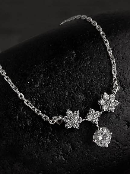925 Sterling Silver Lily Pendant Earring Chain Jewellery Set | Platinum Plated, Swiss Zirconia | Gift for Women & Girls - Rajputtrade