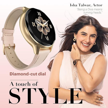 Noise Diva Smartwatch with Diamond Cut dial, Glossy Metallic Finish, AMOLED Display for Women (Gold Link) - Rajputtrade