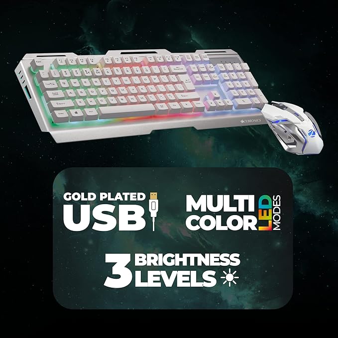 Zebronics Transformer Gaming Keyboard and Mouse Combo,Braided Cable,Durable Al body,Multimedia keys and Gaming Mouse with 6 Buttons, Multi-Color LED Lights, High-Resolution Sensor with 3200 DPI(white) - Rajputtrade