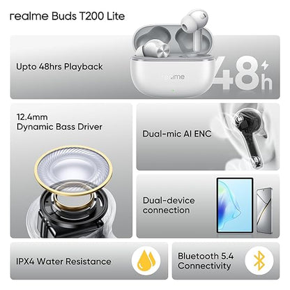 realme Buds T200 Lite Bluetooth in Ear Earbuds,4 Mic, AI ENC for Calls,48 Hours Total Playback with Fast Charging (Grey) - Rajputtrade