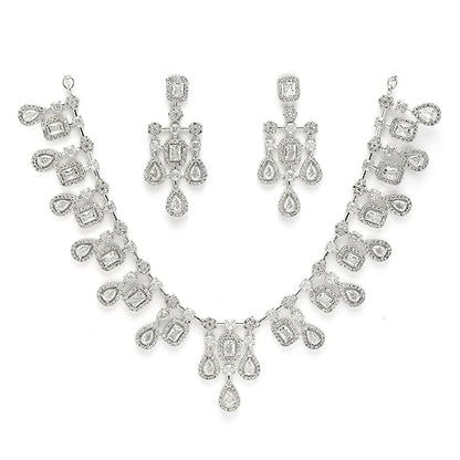 Rhodium-Plated Silver Toned Square Shaped American Diamond Studded Necklace with Earring Jewellery Set for Girls and Women - Rajputtrade