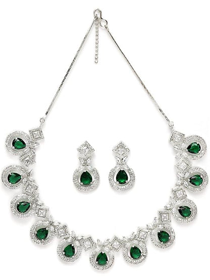 Silver Tone Blue American Diamond Studded Necklace Set for Women (Green) - Rajputtrade