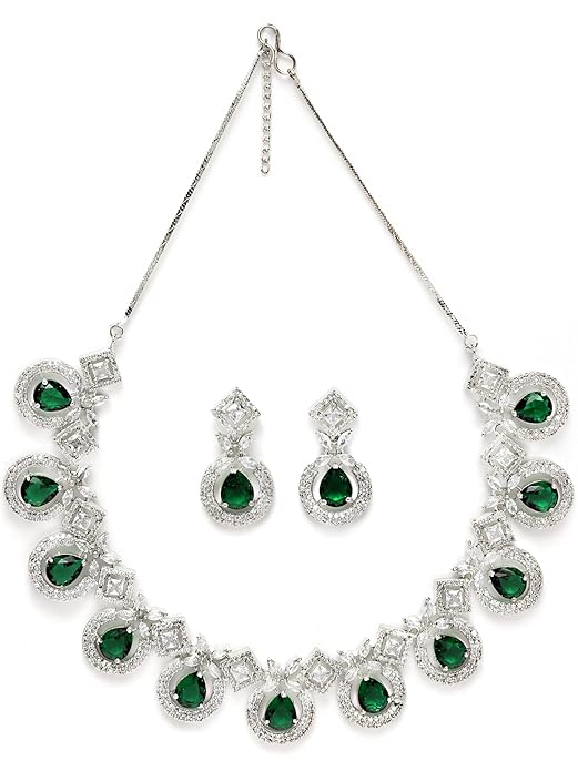 Silver Tone Blue American Diamond Studded Necklace Set for Women (Green) - Rajputtrade