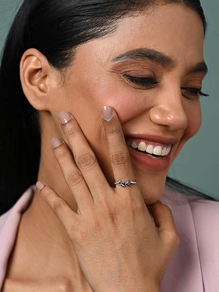 925 Sterling Silver Tonje Curved Blue Leaf Finger Ring | Swiss Zircon Platinum Plated | Size Adjustable | Gift for Women Girls Wife Girlfriend - Rajputtrade