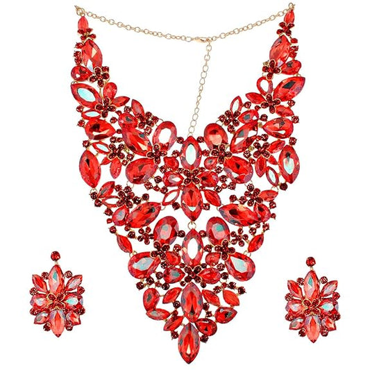 Jewellery Designer Red Color Stone Rhine Stone Gold Plated Long Necklace Set with Earring for Girls & Women (Red) - Rajputtrade