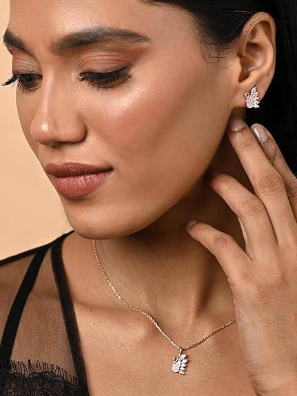 925 Sterling Silver Dancing Swan Pendant Earrings Chain Necklace Jewellery Set | Rose Gold Plated, Swiss Zirconia | Gift for Women and Girls - Rajputtrade