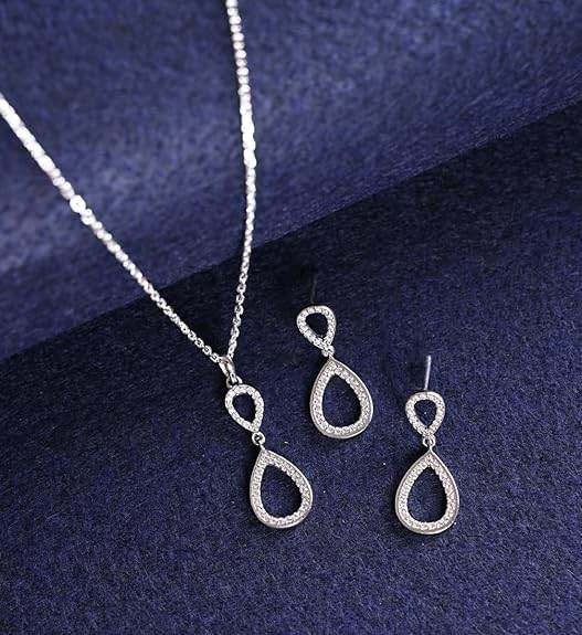 925 Sterling Silver Serenity Pendant Earrings Chain Necklace Jewellery Set | Platinum Plated, Swiss Zirconia | Gift for Women and Girls - Rajputtrade
