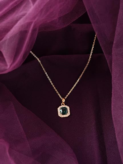 925 Sterling Silver Amati Green Solitaire Pendant Earrings Chain Necklace Jewellery Set | Gold Plated, Swiss Zirconia |Gift for Women and Girls