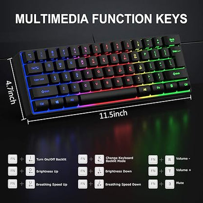 MFTEK 60% Gaming Keyboard and Mouse Combo, Ultra Compact 61 Keys TKL Design Gaming Keyboard with RGB Rainbow Backlit, Illuminated Gaming Mouse, USB Wired Keyboard Mouse Set for Laptop PC PS4 Gamer - Rajputtrade