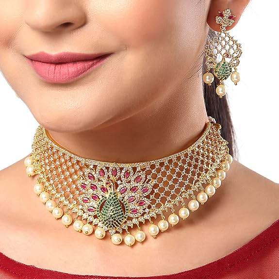 Gold Plated White & Red American Diamond Studded With Drop Pearl Beaded Jewellery Set For Women & Girl - Rajputtrade
