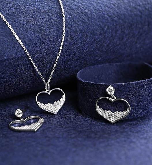 925 Sterling Silver Cuore Heart Pendant Earrings Chain Necklace Jewellery Set | Platinum Plated, Swiss Zirconia | Valentine Gift for Women and Girls - Rajputtrade