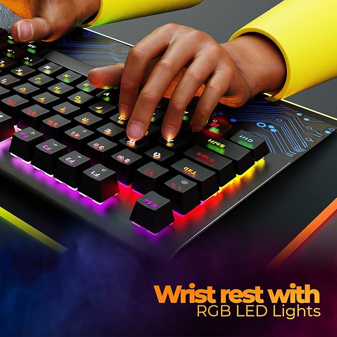 ZEBRONICS Zeb-MAX Chroma Premium Mechanical Gaming Keyboard with 104 Tactile Switch Keys, Wrist Rest, 18 RGB LED Modes, Braided & Gold Plated USB Cable - Rajputtrade