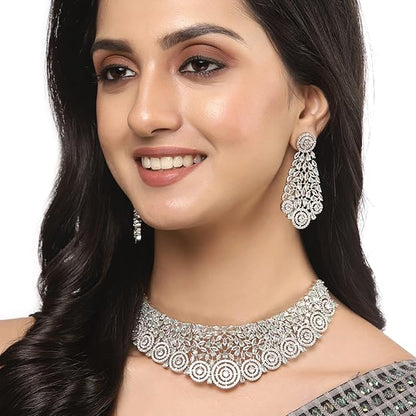 Rhodium-Plated Silver American Diamond Choker Necklace with Earrings Jewellery Set with Girls and Women - Rajputtrade