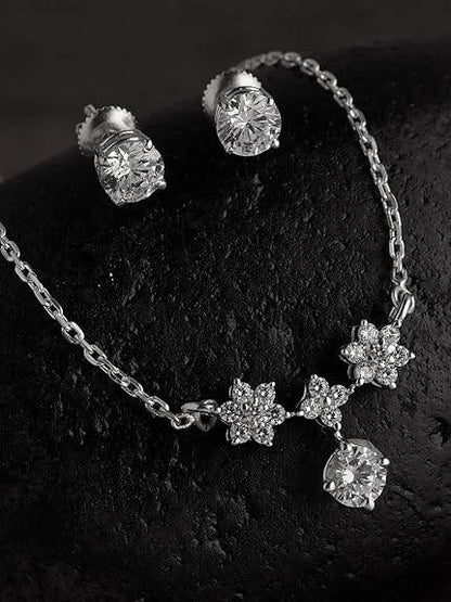 925 Sterling Silver Lily Pendant Earring Chain Jewellery Set | Platinum Plated, Swiss Zirconia | Gift for Women & Girls - Rajputtrade