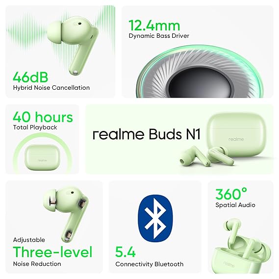 realme Buds N1 Truly Wireless in-Ear Earbuds with 46dB Hybrid ANC, Upto 40Hrs Battery and Fast Charging (Energizing Green) - Rajputtrade