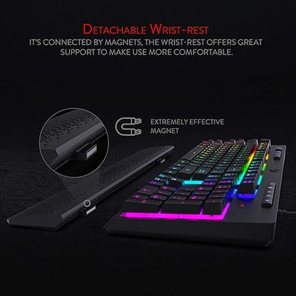 Redragon Shiva K512 RGB Backlit Membrane Wired Gaming Keyboard with Multimedia Keys, 6 Extra On-Board Macro Keys, Dedicated Media Control, Detachable Wrist Rest- Black - Rajputtrade