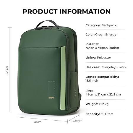 MOKOBARA The Autopilot Backpack Fits 15.6 Inch Laptop, 35L Capacity Premium Durable Nylon and Vegan Leather Green Unisex Multipurpose Laptop Backpack | Ideal for Office, Travel, School (Green Energy) - Rajputtrade