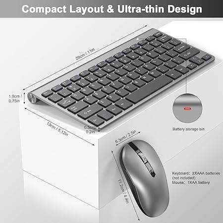 Cimetech Mini Wireless Keyboard and Mouse, 2.4G Slim Keyboard and Ergonomic Mouse Set with 12 Multimedia Shortcuts for Computer, PC, Laptop, Tablet, Desktop, Android SmartTV (Grey) - Rajputtrade