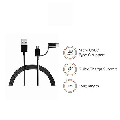 2-in-1 USB Cable 100cm Black | Multipurpose Cable which Supports Both Type C & Type B | 480Mbps Speed
