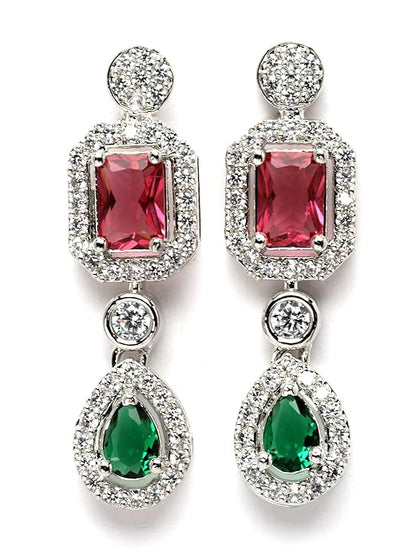 Silver Toned American Diamond Studded Jewellery Set for Women (Multicolor) - Rajputtrade
