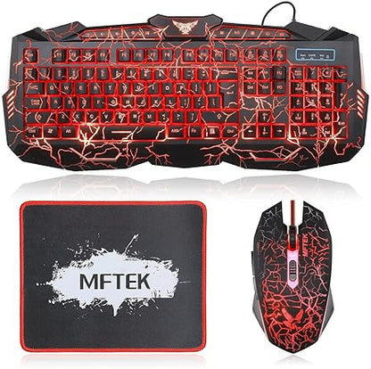 MFTEK Gaming Combo - LED Backlit USB Wired Keyboard and Mouse | 7 Button Lighted Mouse and Large Size Mouse Pad | Mechanical Feeling Keyboard | 114 Keys Letters Glow | Combo Set of 3 (Black) - Rajputtrade
