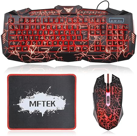 MFTEK Gaming Combo - LED Backlit USB Wired Keyboard and Mouse | 7 Button Lighted Mouse and Large Size Mouse Pad | Mechanical Feeling Keyboard | 114 Keys Letters Glow | Combo Set of 3 (Black) - Rajputtrade