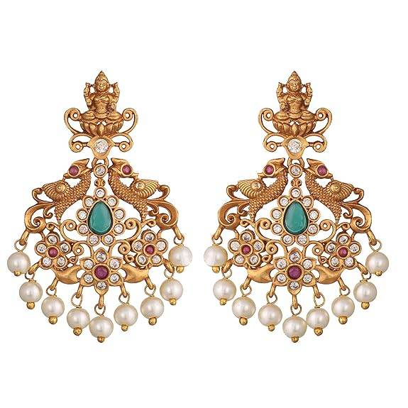 Gold Plated Jaya Long Necklace Set with Lakshmi Idol & Peacock Design - Jewelry Set (White Red Green) - Rajputtrade
