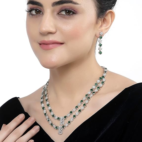 Necklace With Earrings Jewellery Set For Girls and Women (Green) - Rajputtrade