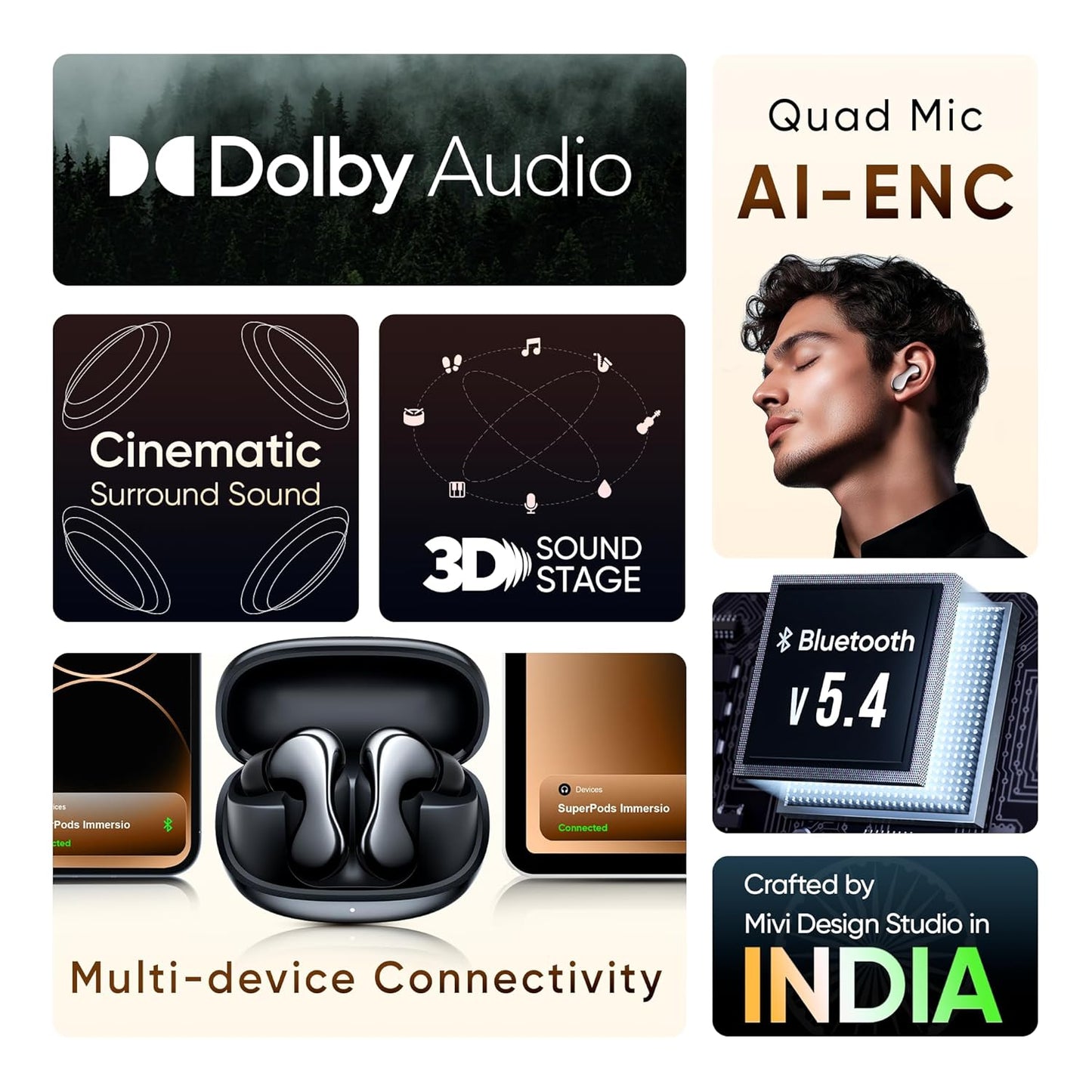 Mivi SuperPods Immersio [Flagship Launch], Dolby Audio,True Wireless Earbuds, 3D Soundstage, 60H Playtime, AI ENC, BT v5.4 Earbuds - Rajputtrade