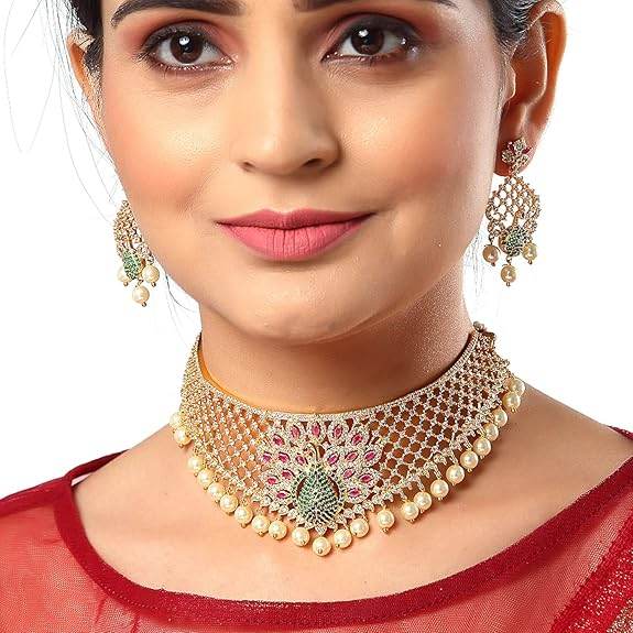 Gold Plated White & Red American Diamond Studded With Drop Pearl Beaded Jewellery Set For Women & Girl - Rajputtrade