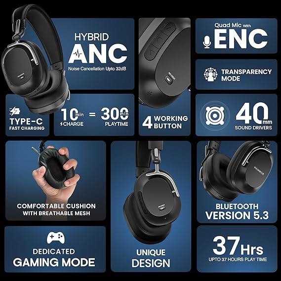 HAMMER Bash Pro 33 dB Hybrid ANC Over Ear Wireless Headphones, 4 Mics for Clear Calling, Charge 10mins = 300mins playtime (Black) - Rajputtrade