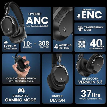HAMMER Bash Pro 33 dB Hybrid ANC Over Ear Wireless Headphones, 4 Mics for Clear Calling, Charge 10mins = 300mins playtime (Black) - Rajputtrade