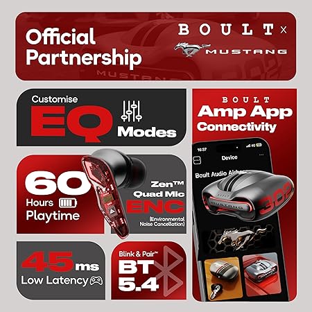 Boult X Mustang Newly Launched Torq TWS Earbuds with 60H Playtime, App Support, 4 Mics ENC, 45ms Low Latency (Silver)