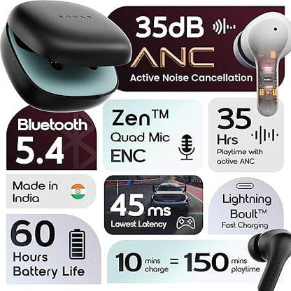 Boult Buds Klarity 4 ANC in-Ear Truly Wireless Earbuds with 35dB Active Noise Cancellation, 60H Playtime (Black) - Rajputtrade