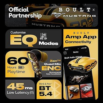 Boult X Mustang Newly Launched Torq TWS Earbuds with 60H Playtime, App Support, 4 Mics ENC, 45ms Low Latency (Yellow) - Rajputtrade