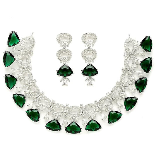 Rhodium-Plated With Silver-Toned Red And White American Diamond Studded Choker Necklace And Drop Earrings Jewellery Set For Women - Rajputtrade
