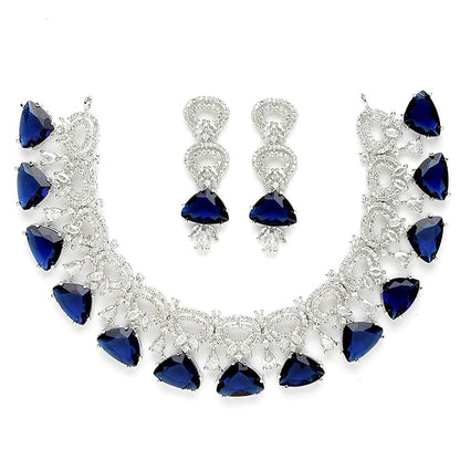 Rhodium-Plated With Silver-Toned Red And White American Diamond Studded Choker Necklace And Drop Earrings Jewellery Set For Women - Rajputtrade