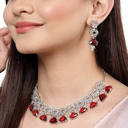 Choker Necklace And Drop Earrings Jewellery Set For Women (Red) - Rajputtrade