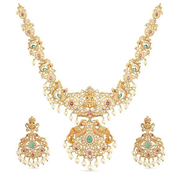 Gold Plated Jaya Long Necklace Set with Lakshmi Idol & Peacock Design - Jewelry Set (White Red Green) - Rajputtrade