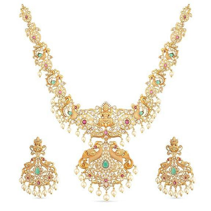 Gold Plated Jaya Long Necklace Set with Lakshmi Idol & Peacock Design - Jewelry Set (White Red Green) - Rajputtrade