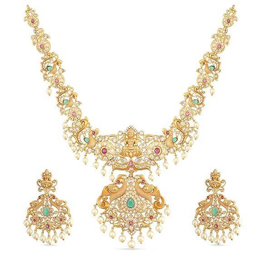 Gold Plated Jaya Long Necklace Set with Lakshmi Idol & Peacock Design - Jewelry Set (White Red Green) - Rajputtrade