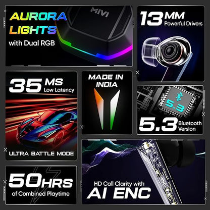 Mivi Commando X7 [Just Launched] Gaming in Ear Earbuds: 35ms Low Latency, Dual RGB,13mm Bass Drivers, 50Hrs Playtime, Type C (Black)