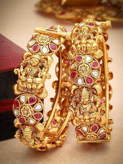18k Gold Plated Temple Jewellery Bangles for Women | Set of 2 Bangles Set | Latest Stylish Traditional Kada Bangles | Just Like Real Gold Jewellery - Rajputtrade