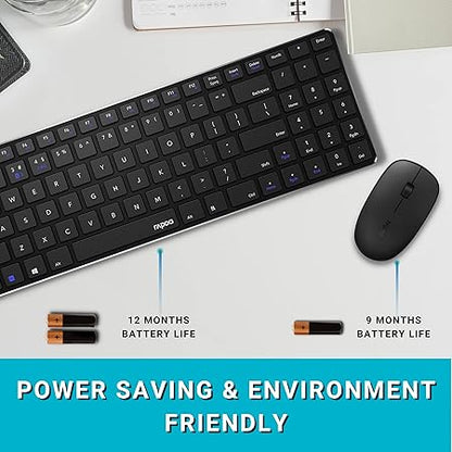 Rapoo 9300m Multi-Device Bluetooth + 2.4Ghz Wireless Keyboard & Mouse Combo Ultra Slim Design, Spill-Resistant, Anodized Aluminum Body Compatible with Windows/PC/Chromebook, 3 Years Warranty - Black - Rajputtrade
