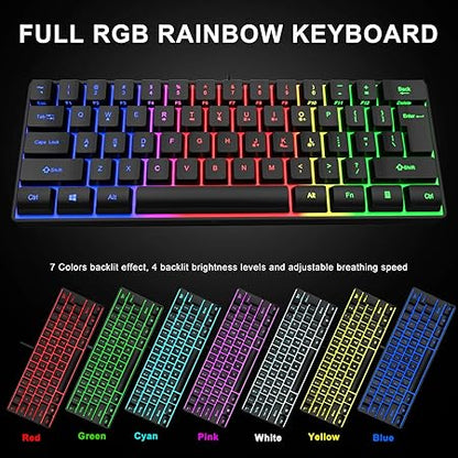 MFTEK 60% Gaming Keyboard and Mouse Combo, Ultra Compact 61 Keys TKL Design Gaming Keyboard with RGB Rainbow Backlit, Illuminated Gaming Mouse, USB Wired Keyboard Mouse Set for Laptop PC PS4 Gamer - Rajputtrade