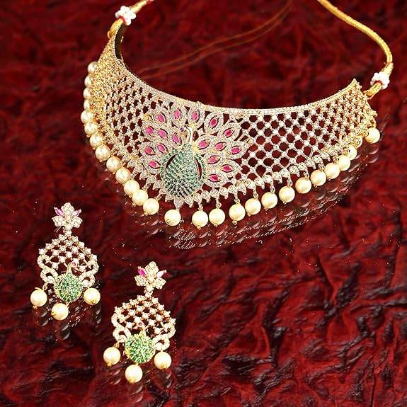 Gold Plated White & Red American Diamond Studded With Drop Pearl Beaded Jewellery Set For Women & Girl - Rajputtrade
