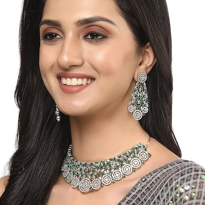 Rhodium-Plated White American Diamonds-Studded Handcrafted Jewellery Set - Rajputtrade